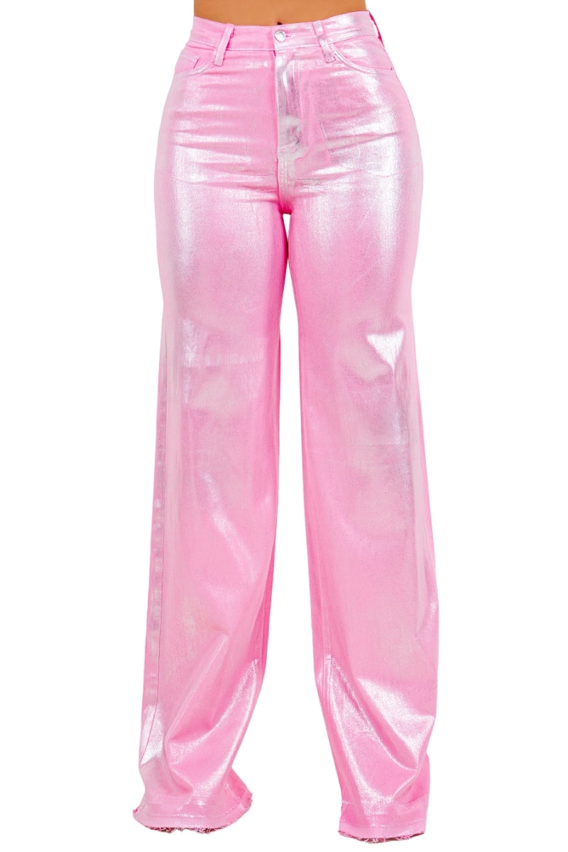 Metallic Wide Leg Jean in Pink