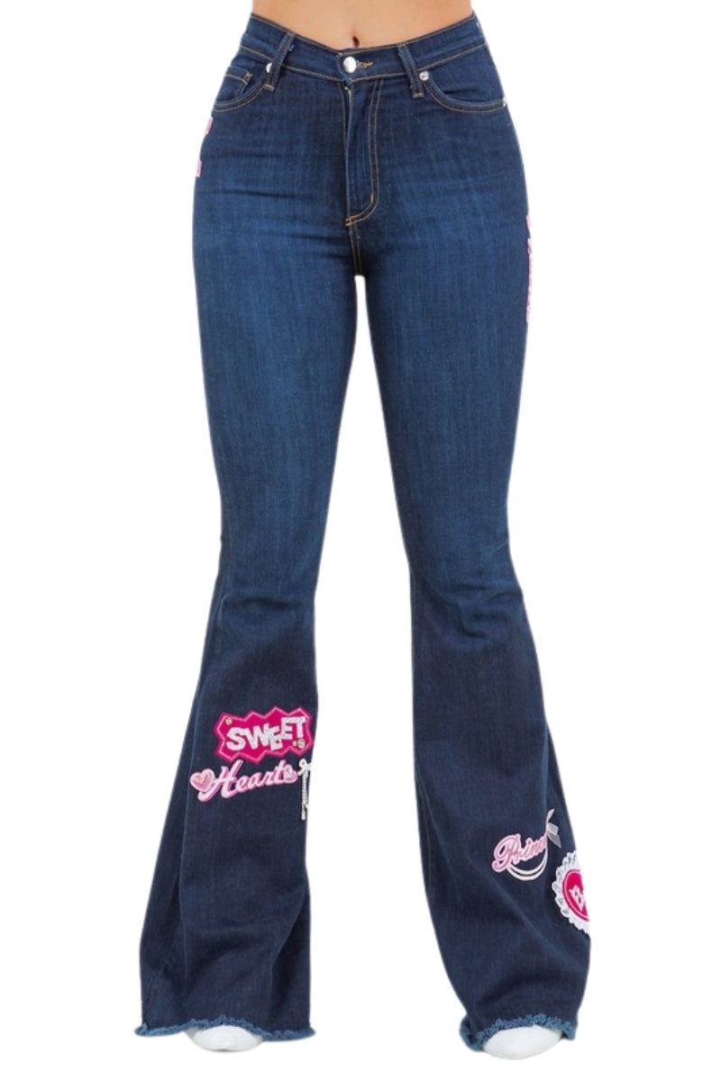 Sweet Heart Bell Bottom Jean in Dark Blue