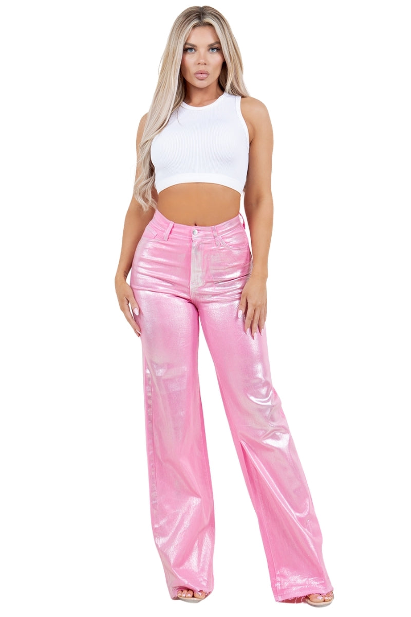 Metallic Wide Leg Jean in Pink