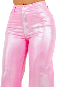 Metallic Wide Leg Jean in Pink