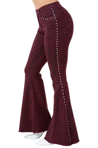 Studded Leopard Print Bell Bottom Pant in Wine