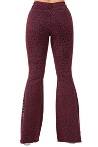 Studded Leopard Print Bell Bottom Pant in Wine