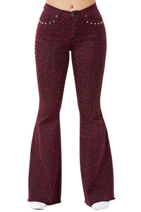 Studded Leopard Print Bell Bottom Pant in Wine