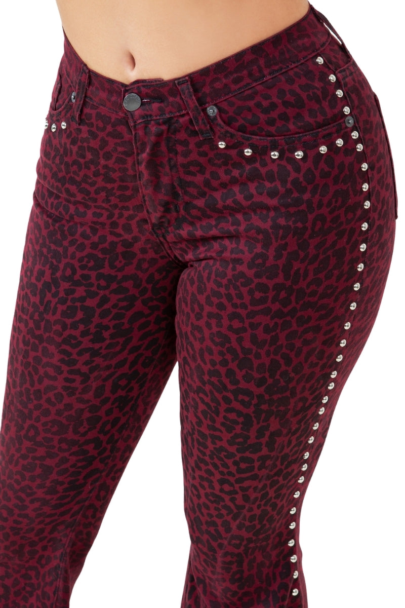 Studded Leopard Print Bell Bottom Pant in Wine