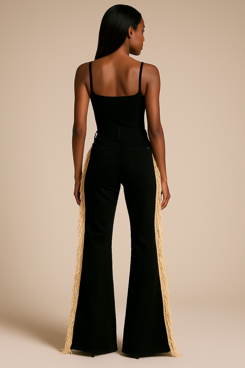 Made in USA Mid-Rise Black Bell Bottom Jeans with Beige Fringe & Stud Detail