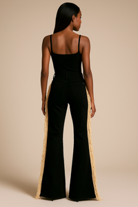Made in USA Mid-Rise Black Bell Bottom Jeans with Beige Fringe & Stud Detail
