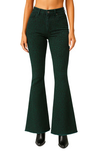 Leopard Print Bell Bottom Jean in Pine Green