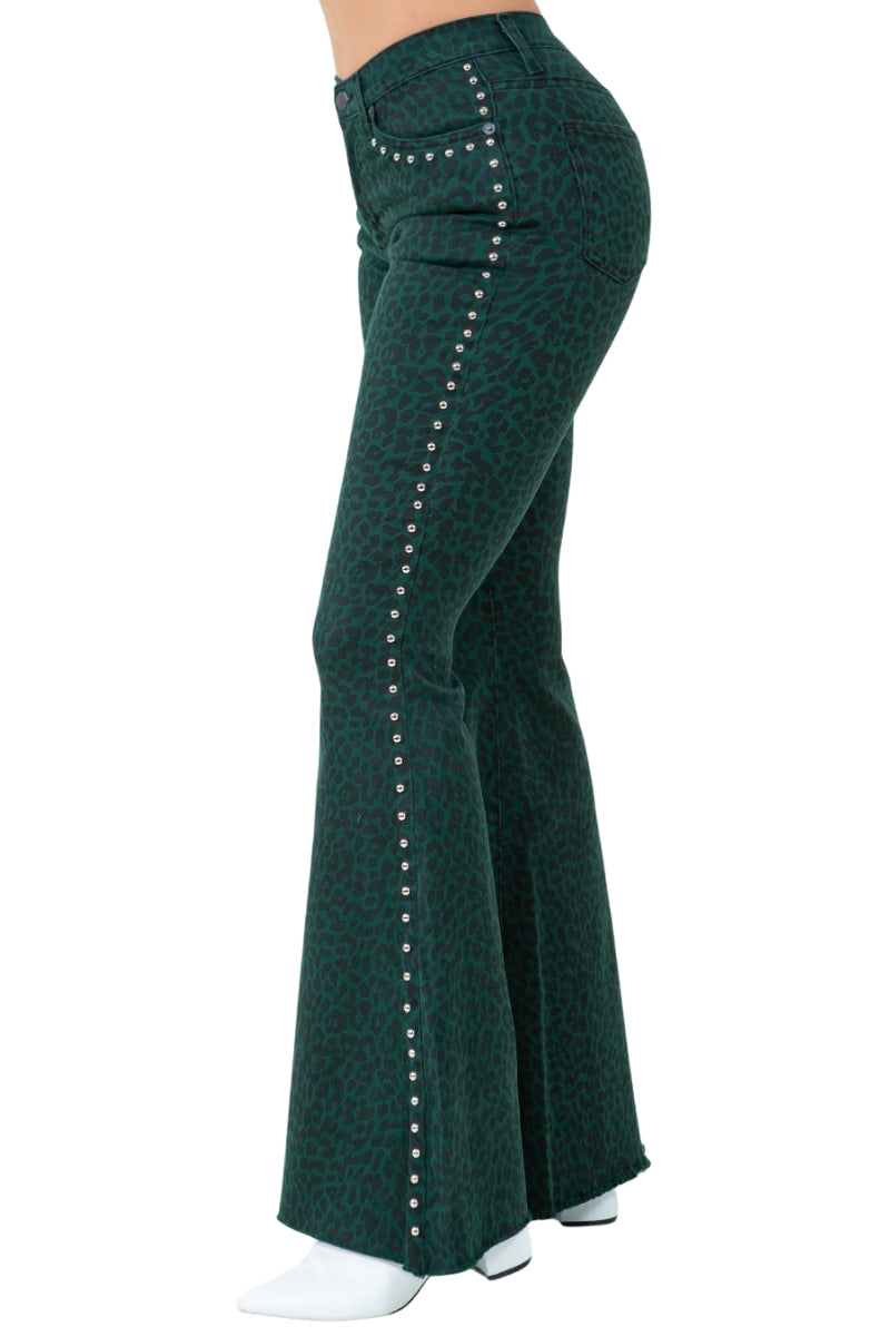 Studded Bell Bottom Jean in Green