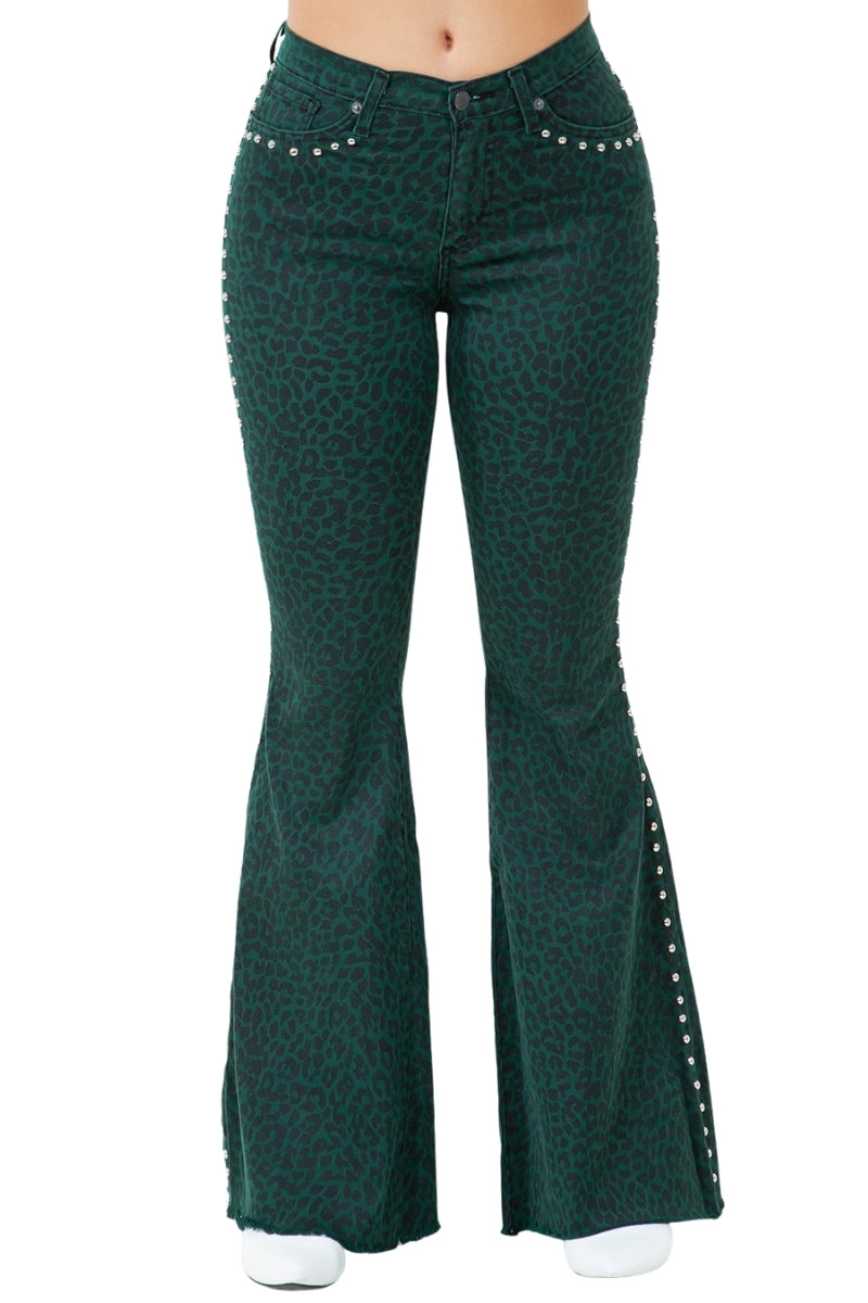 Studded Bell Bottom Jean in Green