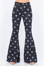 Star Print Bell Bottom Jean in Dark Denim