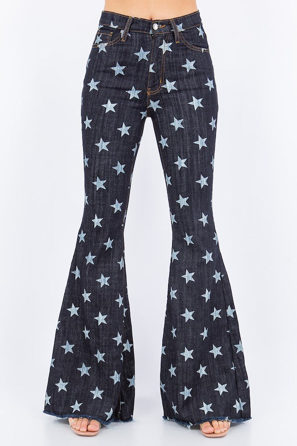 Star Print Bell Bottom Jean in Dark Denim