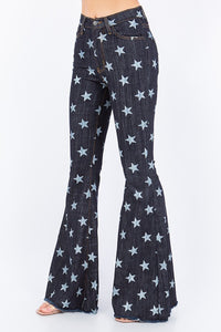 Star Print Bell Bottom Jean in Dark Denim