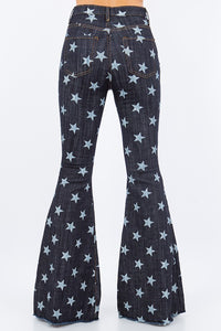 Star Print Bell Bottom Jean in Dark Denim