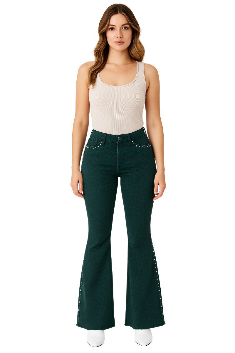 Studded Bell Bottom Jean in Leopard Green