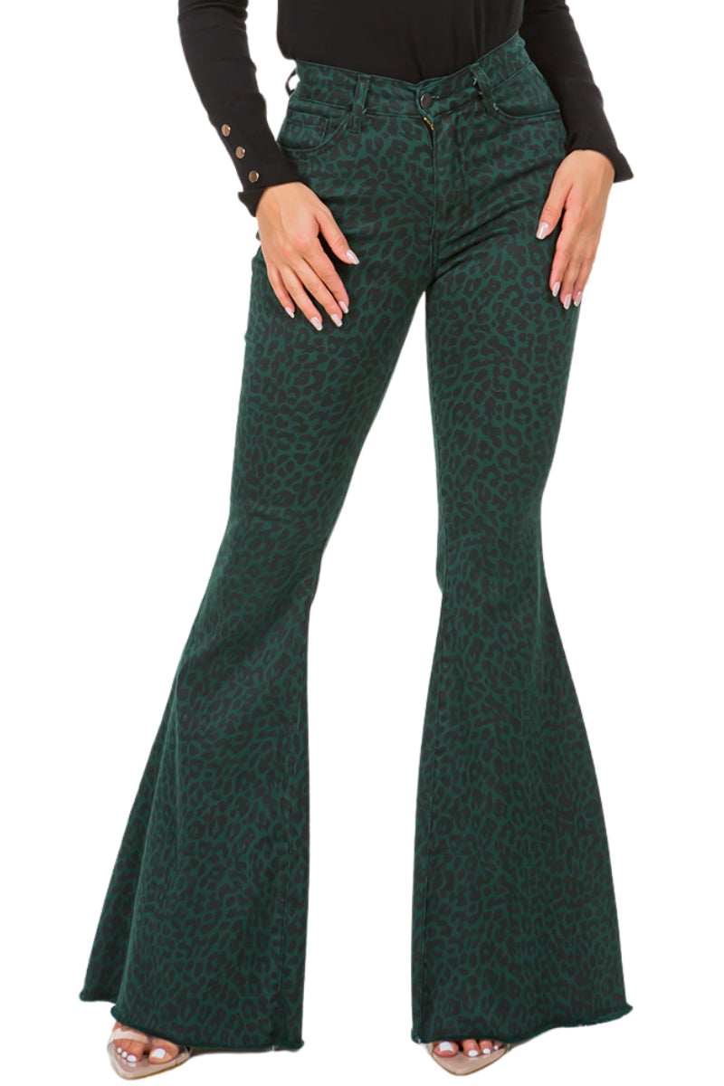 Leopard Print Bell Bottom Jean in Pine Green