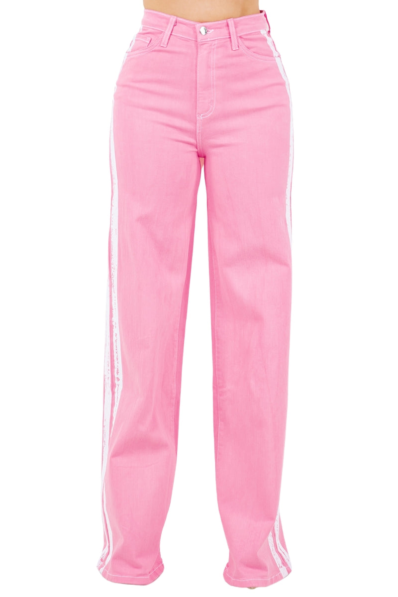 Striped Wide Leg Jean in Pink