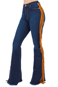 Fringe Bell Bottom Jean in Dark Denim