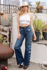 Wide Leg Jeans with Star Diamond Stud Detail