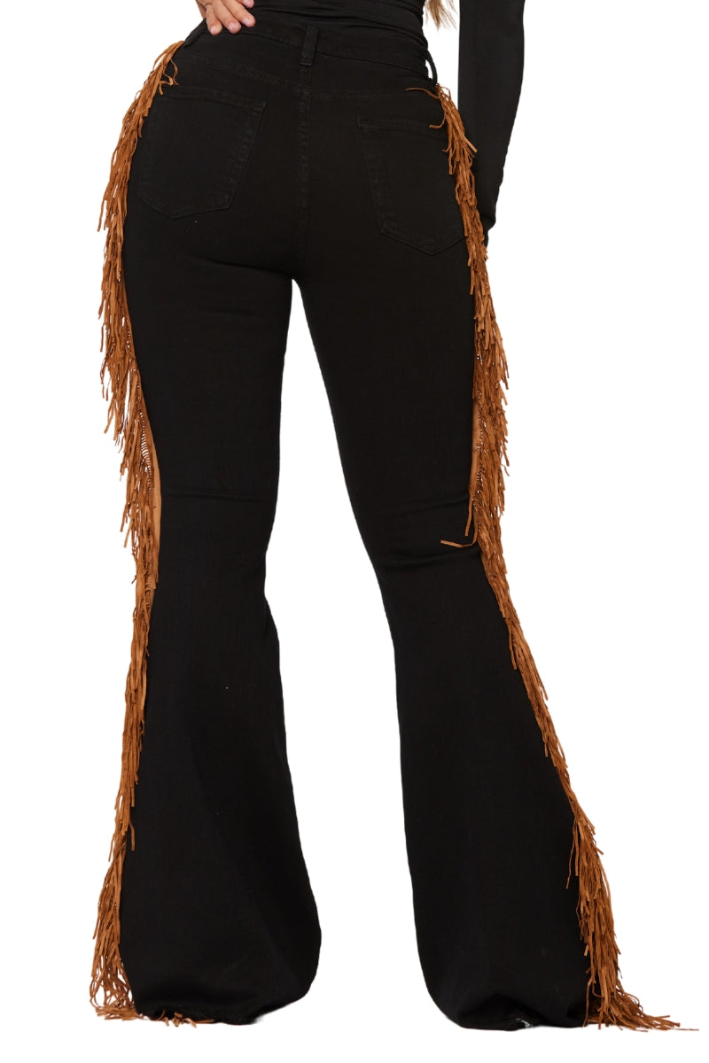 Wide Leg Black Jeans Fringe Bottom Solid Pattern Black Fringed