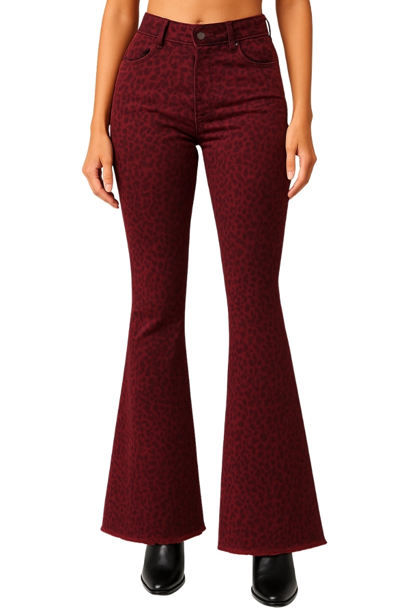 Leopard Print Bell Bottom Jean in Burgundy