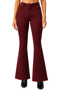 Leopard Print Bell Bottom Jean in Burgundy