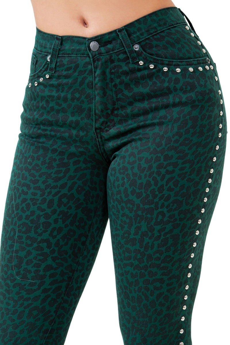 Studded Bell Bottom Jean in Green