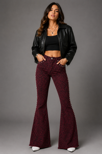 Studded Leopard Print Bell Bottom Pant in Wine