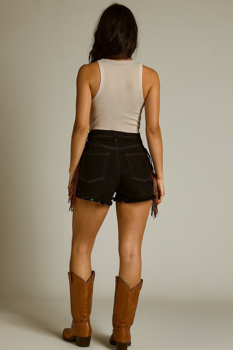 Vaquera Fringe Denim Short Black Denim