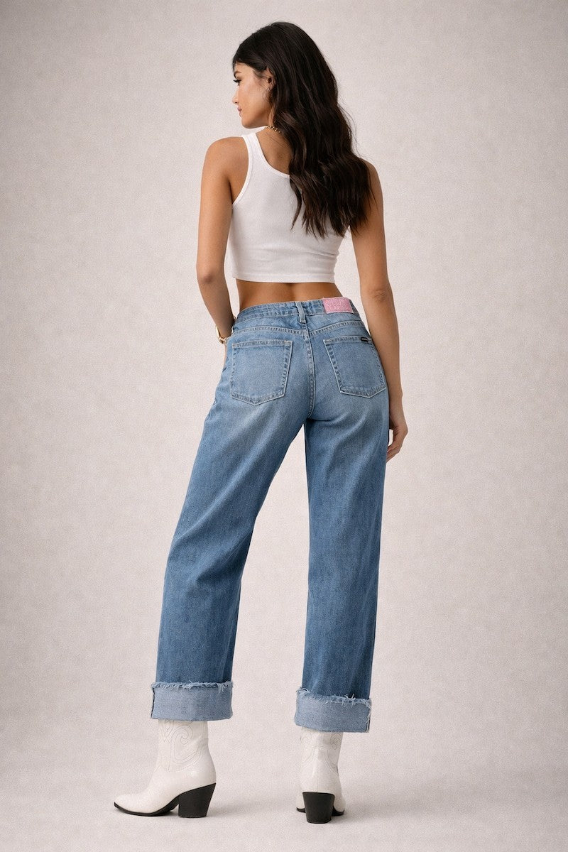 Low Rise Cuffed Jeans with Pink Vinyl Croc Panels