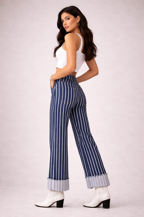 The Riviera Stripe Cuffed Jean - Dark Wash