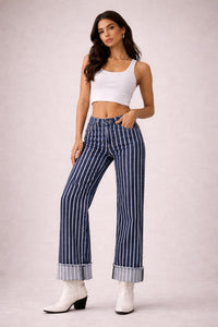 The Riviera Stripe Cuffed Jean - Dark Wash