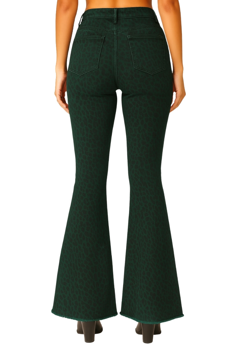 Leopard Print Bell Bottom Jean in Pine Green