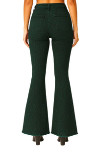 Leopard Print Bell Bottom Jean in Pine Green