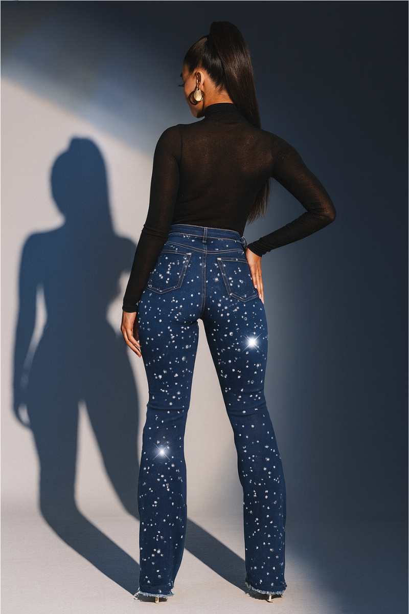 Galaxy Glow Rhinestone Boot Cut Jean Blue Denim