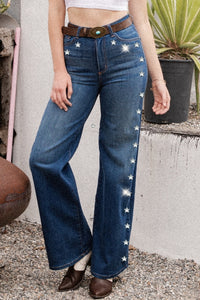 Wide Leg Jeans with Star Diamond Stud Detail