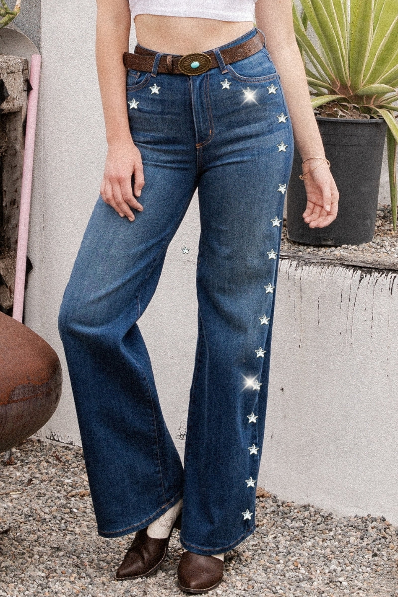 Wide Leg Jeans with Star Diamond Stud Detail