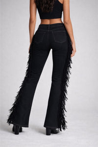 Made in USA Mid-Rise Black Boot Cut Jean with Fringe & Stud Detail