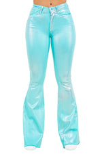 Metallic Bell Bottom Jean in Turquoise