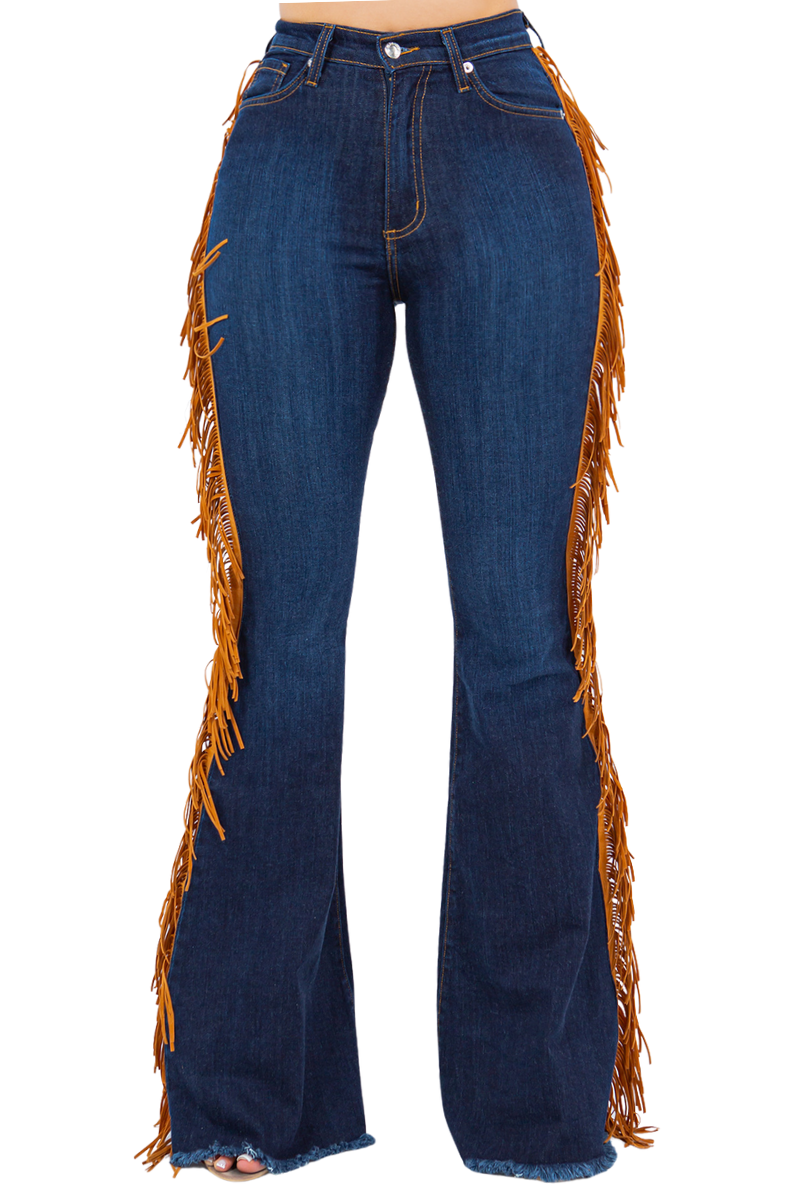 Fringe Bell Bottom Jean in Dark Denim