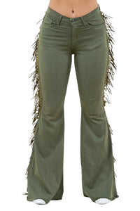 Texas Sun Fringe Bell Bottom Jean in Olive