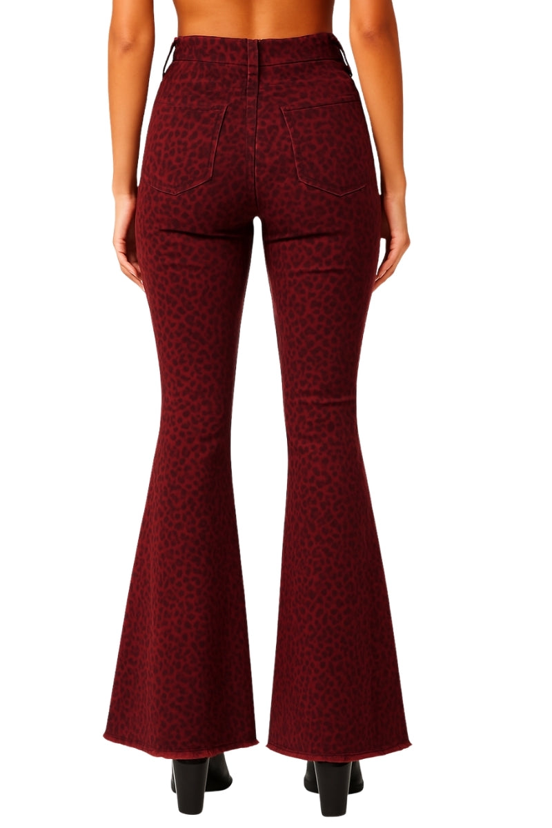 Leopard Print Bell Bottom Jean in Burgundy