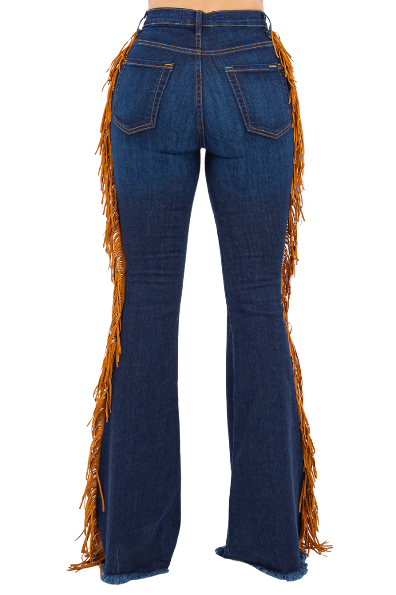 Fringe Bell Bottom Jean in Dark Denim