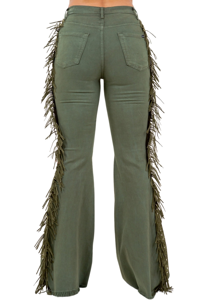 Texas Sun Fringe Bell Bottom Jean in Olive