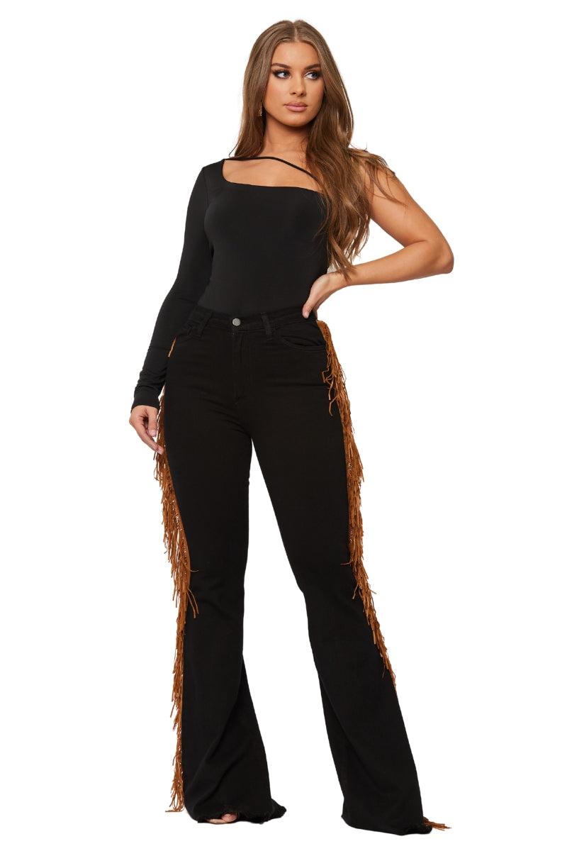 Fringe Bell Bottom Jean in Black Denim