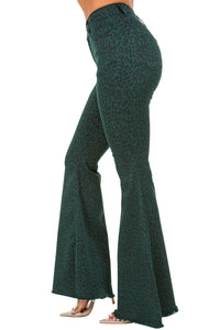 Leopard Print Bell Bottom Jean in Pine Green