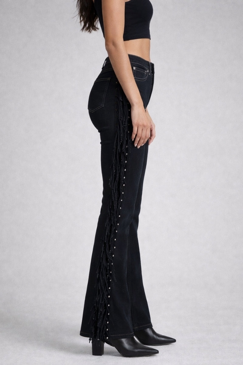 Made in USA Mid-Rise Black Boot Cut Jean with Fringe & Stud Detail
