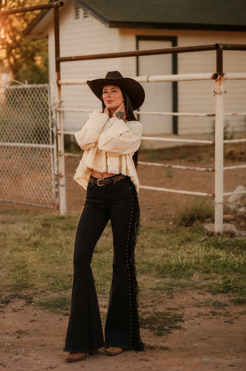Made in USA Mid-Rise Black Bell Bottom Jeans with Fringe & Stud Detail