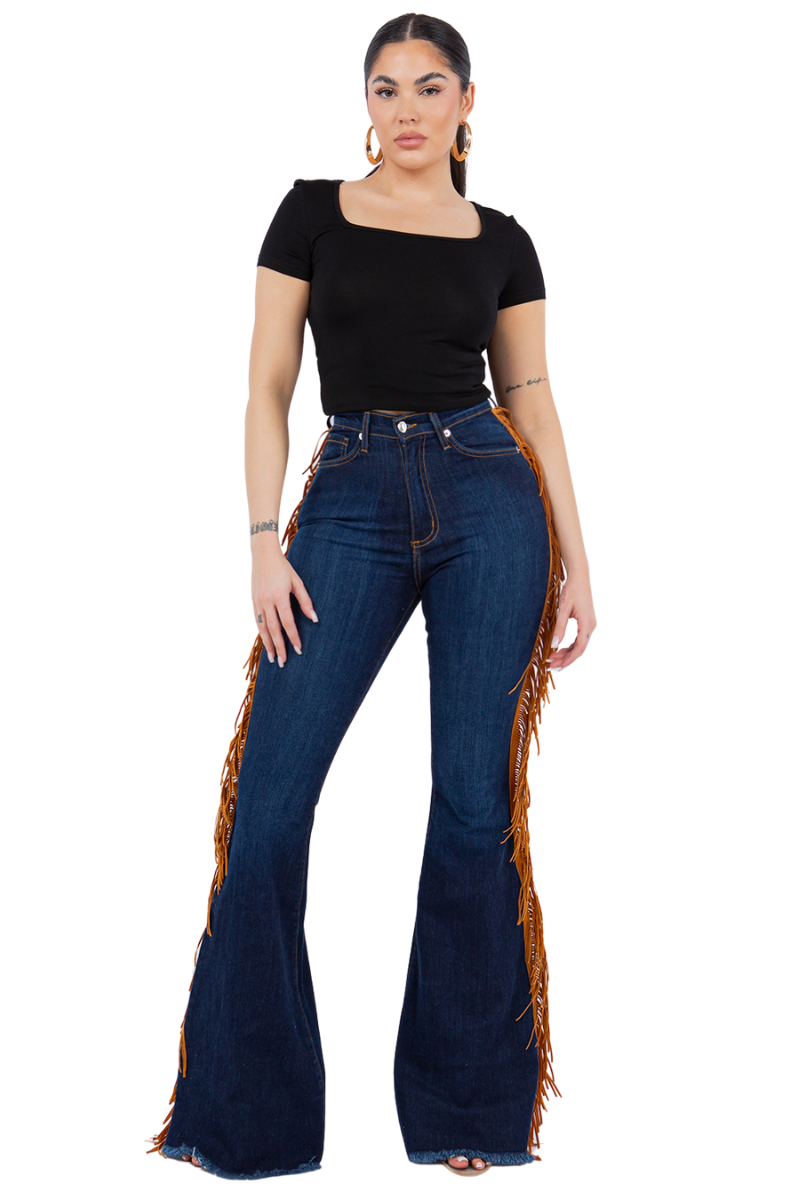 Fringe Bell Bottom Jean in Dark Denim