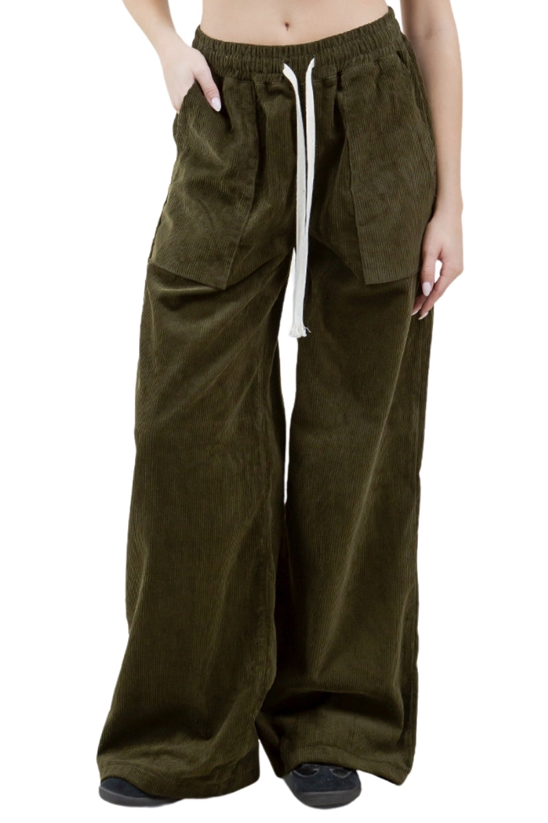 Cord Wide Leg Pant in Olive