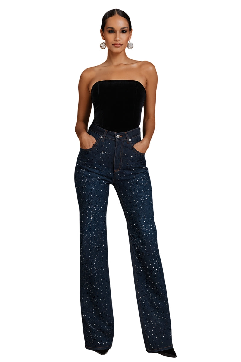 High Waisted Rhinestone Wide Leg Jeans – Made in USA